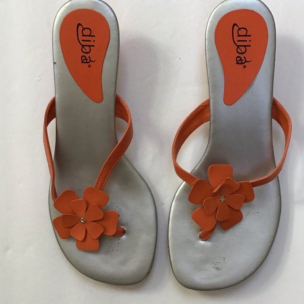 Diba Reina Leather Orange Floral Kitten Heel Sandals 7 M